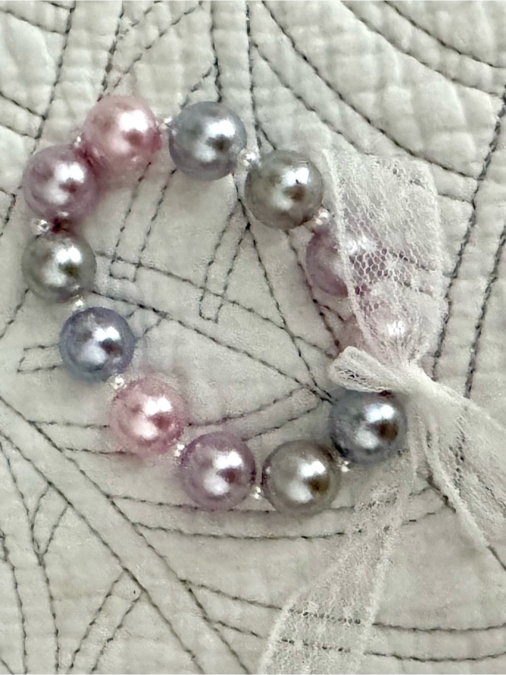 Handmade Delicate Pink & Silver faux Pearl Stretch Bracelet